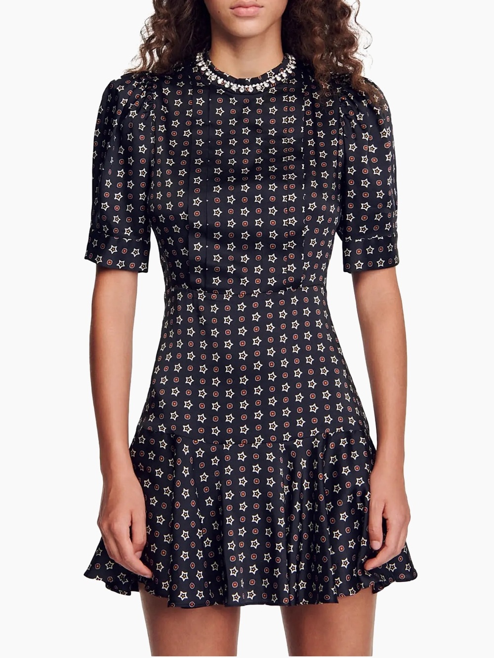 Sandro Short Star-Print Satin Dress with Rhinestone Neckline Size 36 US 4